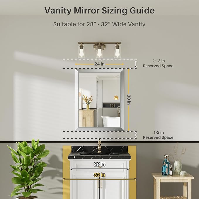 Bathroom Wall Mirror, Silver Brushed Nickel Metal Frame, 24x30 Inch | Anti-rust, HD tempered glass, for bathroom vanity, bedroom, living room, horizontal or vertical mount