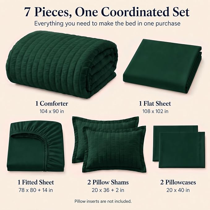 King Comforter Set, 7 Pieces Emerald Green Seersucker Bed in a Bag | OEKO-TEX Certified, All Season Bedding Set with 240 GSM Down Alternative Comforter, Flat & Fitted Sheets, Pillowcases & Shams