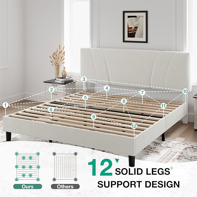 Novilla King Bed Frame and Headboard, King Bed Frame, Velvet Upholstered Bed Frames, No Box Spring Needed, Heavy Duty Feet, Easy Assembly, White Velvet