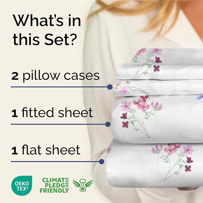 King 4 Piece Boho Botanical Floral Sheet Set - Breathable & Cooling - Posy | 1 Flat, 1 Fitted & 2 Pillowcases w/ Deep Pockets, Boho Botanical Floral Bedding, Breathable & Cooling, Wrinkle & Fade Free
