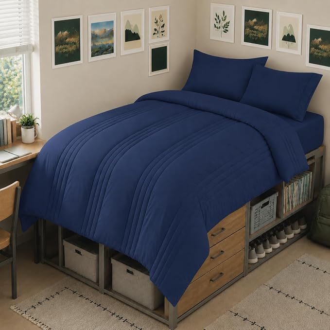 Twin XL Comforter Set Navy Blue - 5 Pieces Complete Bedding Set | College Dorm Essentials, OEKO-TEX Certified, 240GSM Down-Alternative Comforter, 14" Deep-Pocket Sheets, Sham & Pillowcase