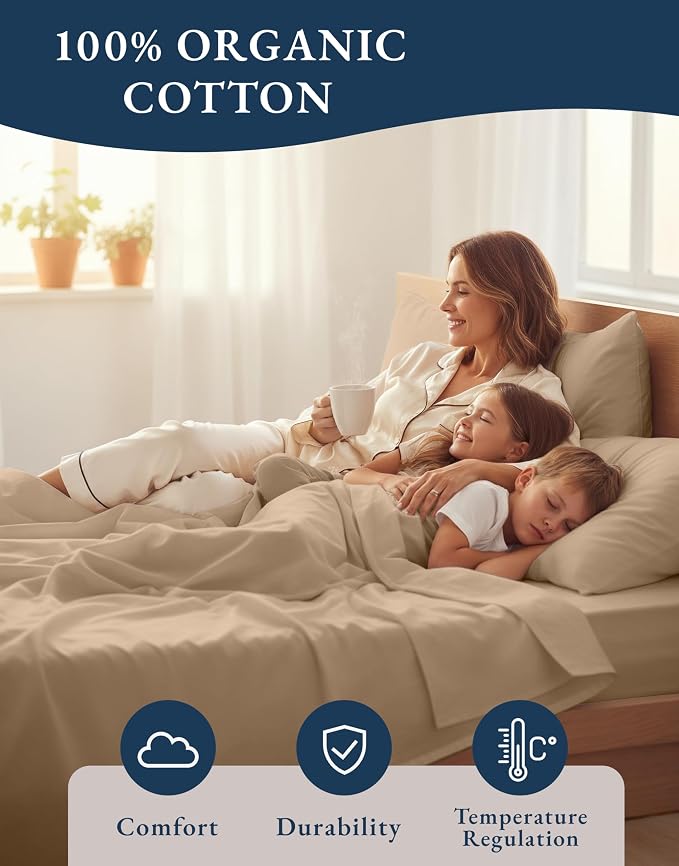 LANE LINEN 100% Organic Cotton Sheets Set, Long- Staple Percale Weave Ultra Soft Best- Bedding Sheets for Bed, GOTS Certified, Fits Mattress Upto 15inch Deep Pocket (King, Taupe)