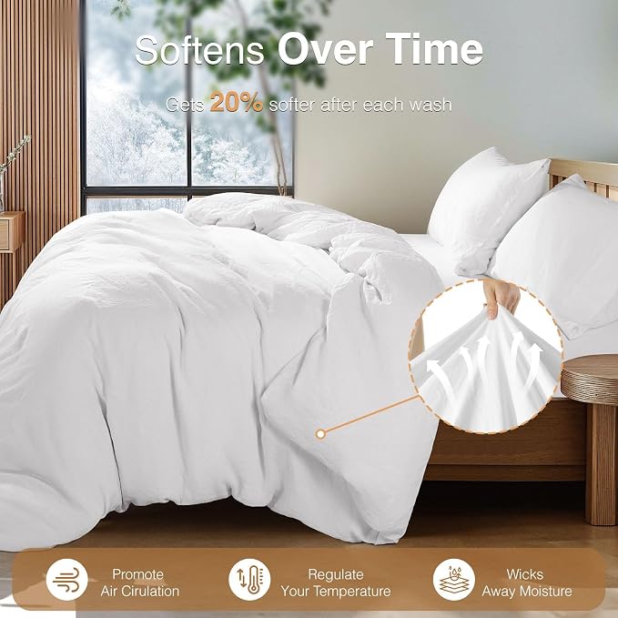 SONORO KATE 100% French Linen King Duvet Cover Set,Zipper Closure,3PC | Natural French Flax,Soft Breathable for Hot Sleepers,Moisture Wicking & Durable,4 Corner Ties,White