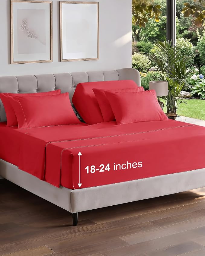 CGK Unlimited Extra Deep Flex Top Split Head King Sheet Set - 6 Piece Breathable and Cooling Sheets - Hotel Luxury Bedding for Women, Men, Kids & Teens - Easy Secure Fit - Extra Deep Pockets - Red