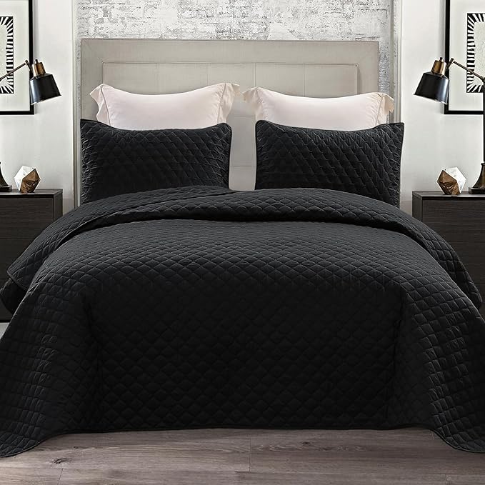 Exclusivo Mezcla Reversible Full Queen Quilt Bedding Set, Black | Lightweight Bedspreads with 2 Pillow Shams, Soft Microfiber, All Season Bed Coverlets for Bedroom Guest Room, 90x96 Inch