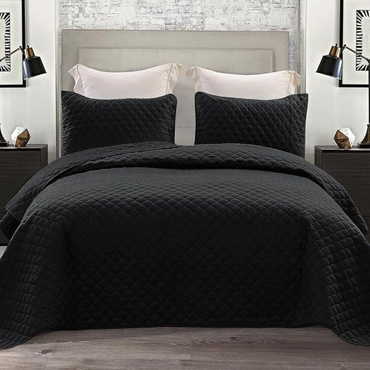 Exclusivo Mezcla Reversible Full Queen Quilt Bedding Set, Black | Lightweight Bedspreads with 2 Pillow Shams, Soft Microfiber, All Season Bed Coverlets for Bedroom Guest Room, 90x96 Inch