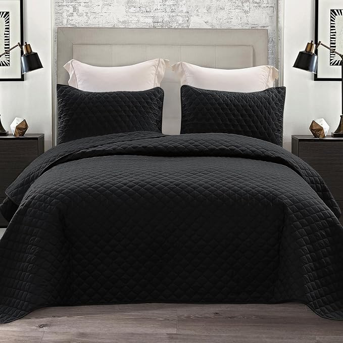 Exclusivo Mezcla Reversible California King Quilt Set, Black | Lightweight Bedspreads with 2 Pillow Shams, Soft Microfiber, All Season Bed Coverlets for Bedroom Guest Room, 112x104 Inch
