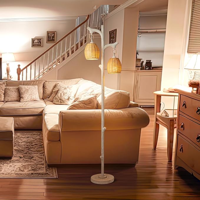 Scenekoy 68" Tall Floor Lamp with Wicker Drum Shade, Foot Switch Dimming | Tree Trunk Washed White Finish, Resin Farmhouse Rustic Standing Lamp with Bulb, Decor for Living Room Bedroom Reading Room