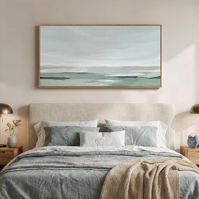 Large Framed Sage Green Abstract Wall Art for Living Room, Horizontal 60x30 | Nature landscape pictures, Canvas prints, Wood frame, Modern minimalist paintings, Wall decor for bedroom dining room office