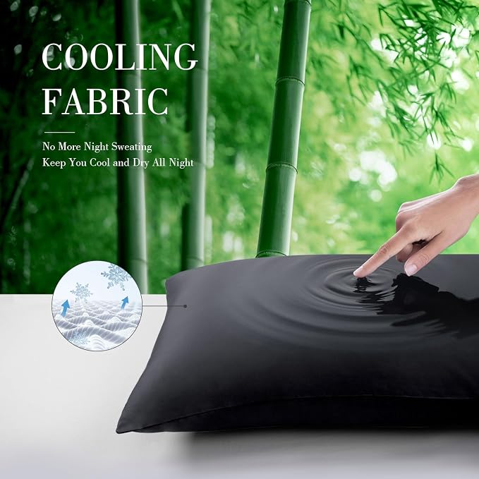 WishSmile Cooling Queen Pillowcases Set of 2 Breathable Cool Silky Soft Rayon Derived from Bamboo Fabric, Moisture Wicking for Hot Sleepers, Hair and Skin Friendly, Black, 2 Pack, 20x30IN