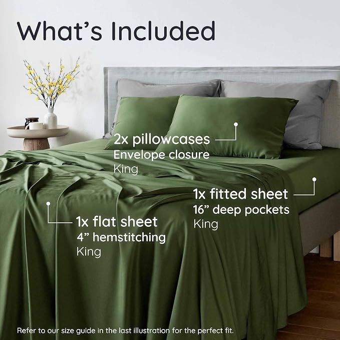 Bambaw 100% Viscose Derived from Bamboo Sheets King Size Set – 4pcs Cooling Deep Pocket King Sheet Set, Fits Up to 16'' with Elastic Corner Straps, Super Soft Sheets, Luxury Bedding (Olive)