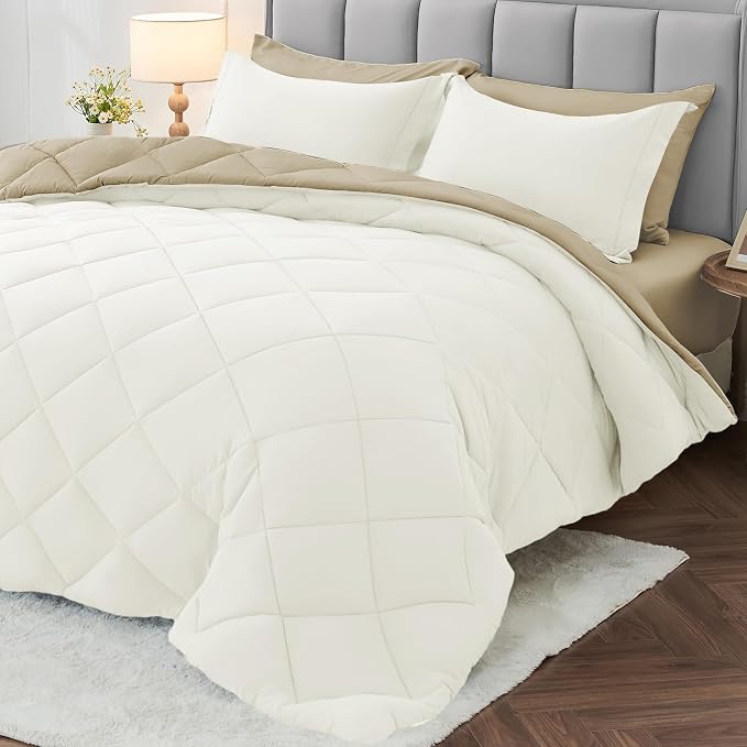 5 Pieces Twin Comforter Set, Reversible Bed in a Bag Twin Size, All Season Bedding Set with Comforter, Flat Sheet, Fitted Sheet, Pillowcases & Shams, Ivory & Khaki