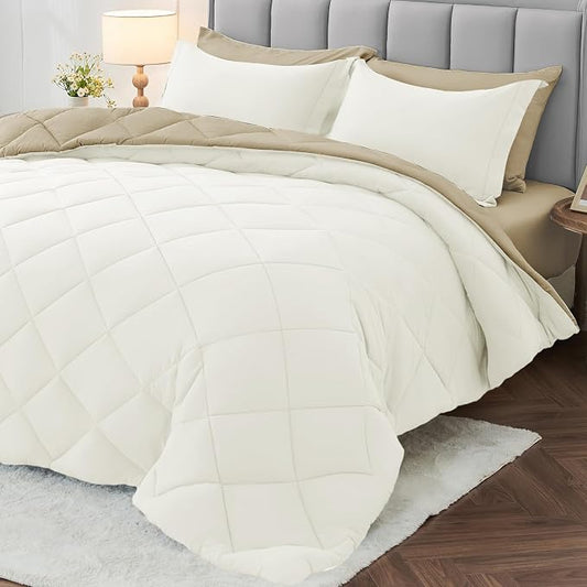 5 Pieces Twin Comforter Set, Reversible Bed in a Bag Twin Size, All Season Bedding Set with Comforter, Flat Sheet, Fitted Sheet, Pillowcases & Shams, Ivory & Khaki
