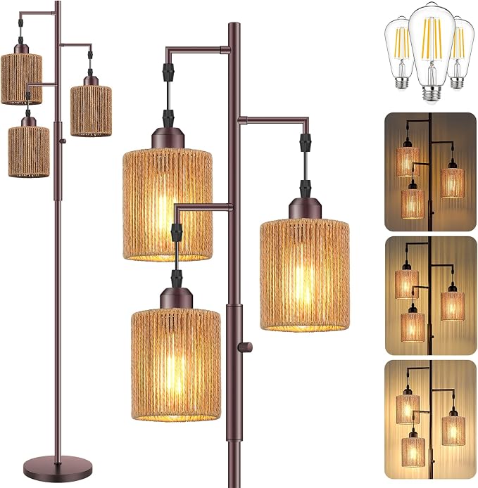 Hotsonic 72" Boho Rattan Tree Floor Lamp, Tall Dimmable Industrial Standing Lamp, Corner Decor Accent Lighting for Living Room, Bedroom, Dining Room, Nursery, Cafe (3 x 800LM Bulbs Included) - Brown