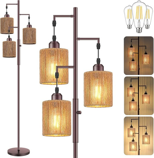 Hotsonic 72" Boho Rattan Tree Floor Lamp, Tall Dimmable Industrial Standing Lamp, Corner Decor Accent Lighting for Living Room, Bedroom, Dining Room, Nursery, Cafe (3 x 800LM Bulbs Included) - Brown