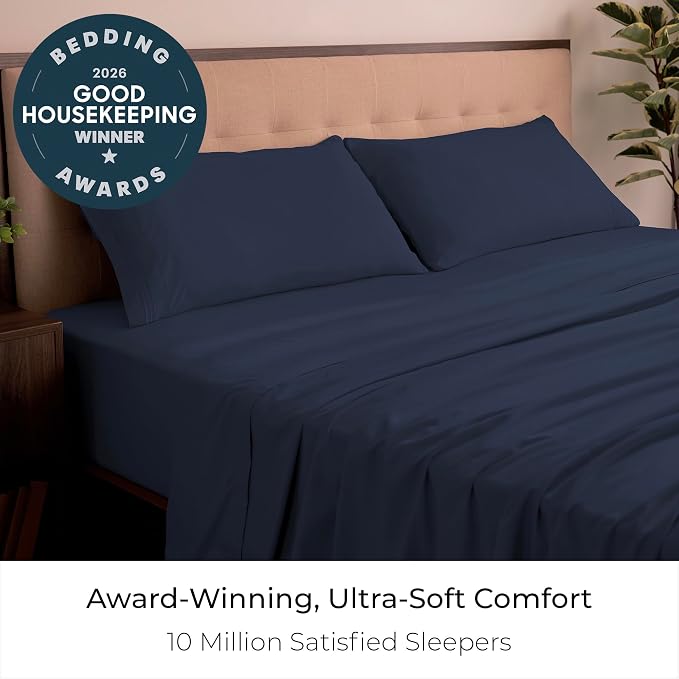 Mellanni Iconic 4-Piece, Ultra Soft Sheet Set (California King, Navy Blue) | 10M+ Sleepers. Lab-tested: Sleeps Cool, Stays Bright, Strong, Smooth. Good Housekeeping Best Bedding, 7 yrs running.