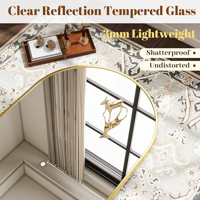 Arched Wall Mirror, 26 x 28 inch Arch Bathroom Mirror, Wall Mounted Vanity Mirror with Arch Metal Frame, Modern Bathroom Vanity Mirror for Bedroom, Living Room, Hanging or Leaning, Gold