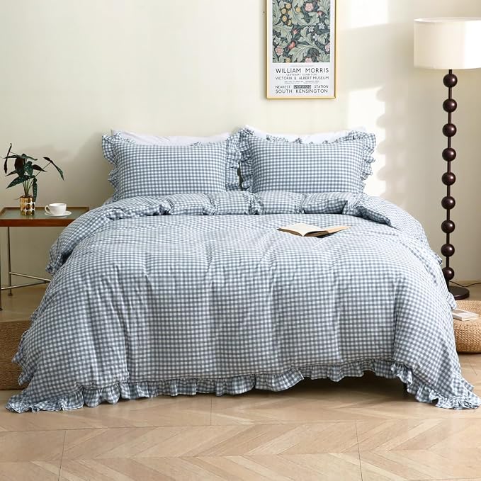 Silnuo Light Blue/White Gingham Plaid Ruffle Duvet Cover Set Twin Size | 100% Washed Cotton 3 Pcs Vintage Checkered Chic Farmhouse Bedding Set Comforter Cover Set(Twin,Light Blue/White)