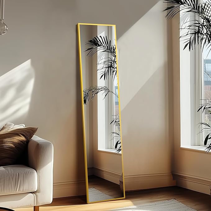 Full Length Mirror with Stand, 56x15 Gold Floor Mirror | Aluminium alloy frame with HD float glass for distortion-free reflection. Free standing or wall mounted.