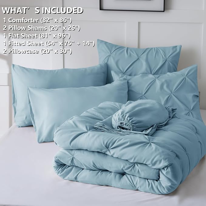HIMEET Full Size Comforter Set Light Blue - 7 Pieces Pintuck Bed in a Bag | OEKO-TEX Certified, 240GSM Down Alternative Comforter, 14" Deep Pocket Fitted Sheet + Flat Sheet + 2 Pillowcases + 2 Shams