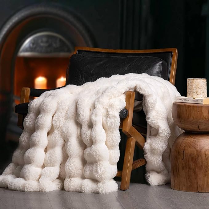 EverGrace Faux Rabbit Fur Bubble Throw Blanket, 50"x60", Ivory White | Ultra Soft, Luxury Faux Rabbit Fur Throw, Thick Warm Bubble Blanket, Cozy Fluffy Reversible, for Bed, Couch, Chair, Sofa