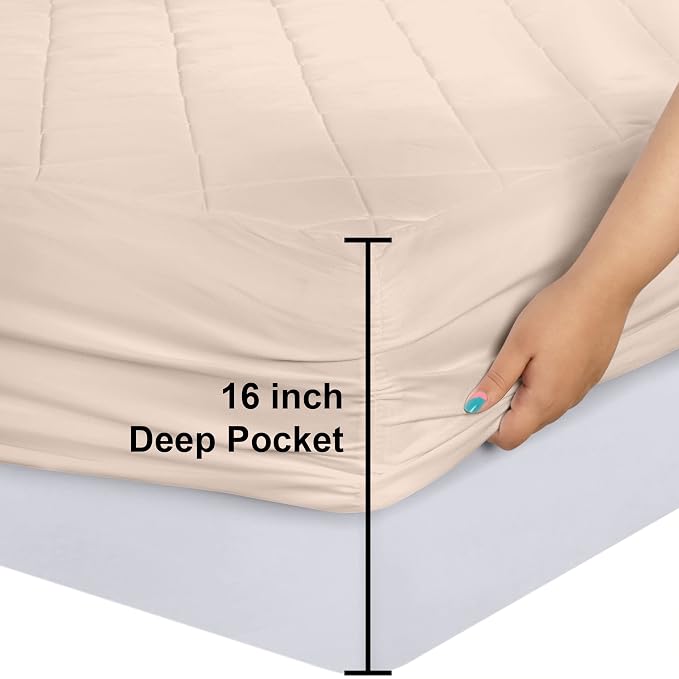 Quilted Fitted Mattress Pad, King Mattress Protector Topper with Deep Pocket Stretches up to 16 Inches, Machine Washable Mattress Cover by Utopia Bedding (Beige) | Soft Breathable Fitted Mattress Cover, Noiseless, Deep Pockets & Machine Washable for Ho...