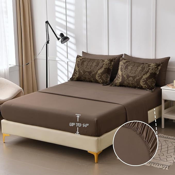 WONGS BEDDING Damask Comforter Set King Size, Coffee Gold Texture Design 7 Pcs Bed in a Bag Microfiber Comforter Bedding Sets -1 Comforter, 1 Flat Sheet, 1 Fitted Sheet, 2 Pillow Shams,2 Pillowcases