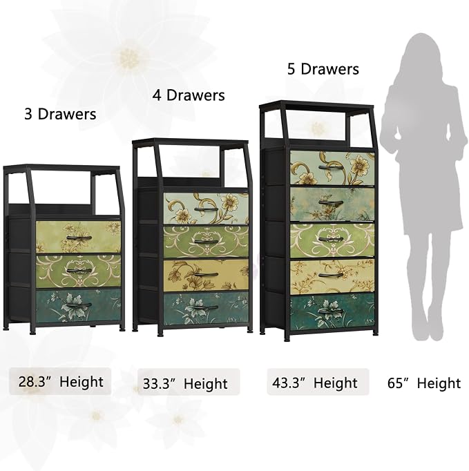 Furnulem Retro Small Dresser for Bedroom, Tall Nightstand with 4 Drawers | Vintage Dorm Fabric Bedside Table Side Furniture, Storage Organizer for Closet with Metal Frame, Wood Top, 2-Tier Shelf