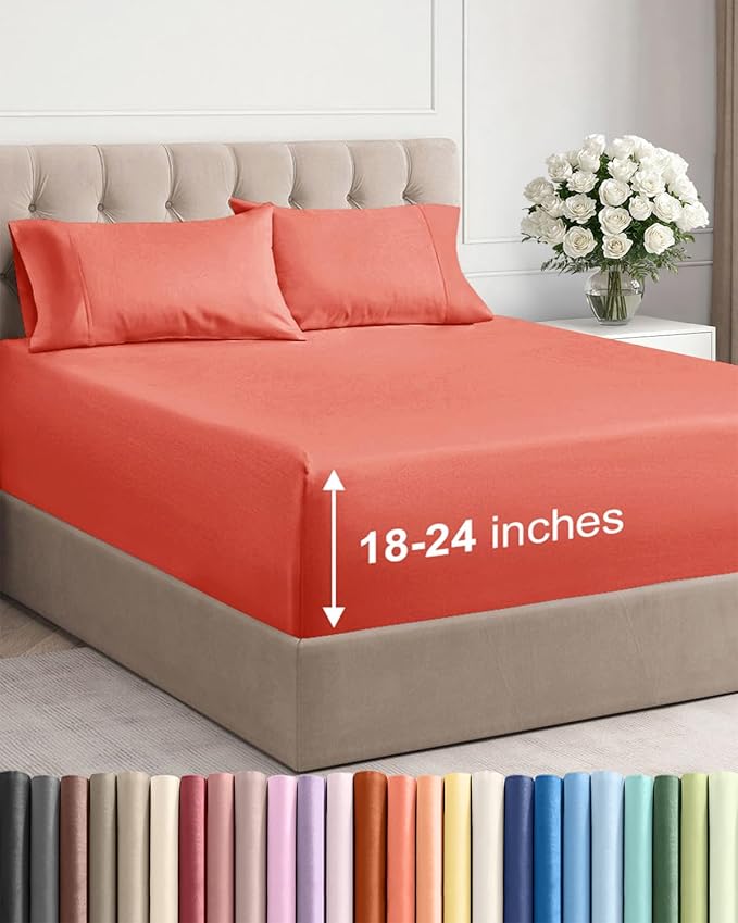 Extra Deep Full Sheet Set - 4 Piece Breathable & Cooling Bed Sheets - Coral | Easily Fits 18 to 24 inch Mattress - Ultra Soft, Wrinkle & Fade Free with Extra Deep Pockets - Comfy Hotel Luxury Bedding