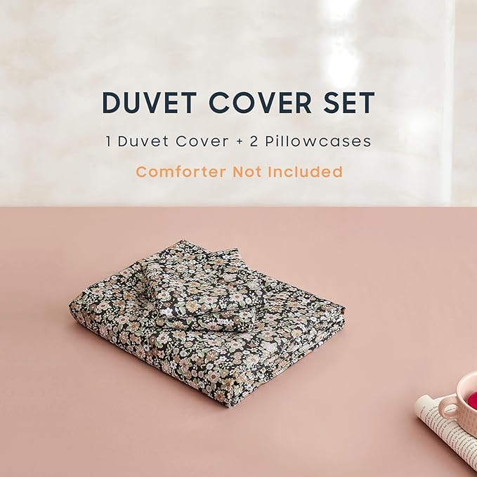 Wake In Cloud - Floral Duvet Cover Set, Cute Vintage Flower Cottagecore Aesthetic for Women Teen Girls, Soft Lightweight Bedding, 3-Piece, Black, Twin/Twin XL Size