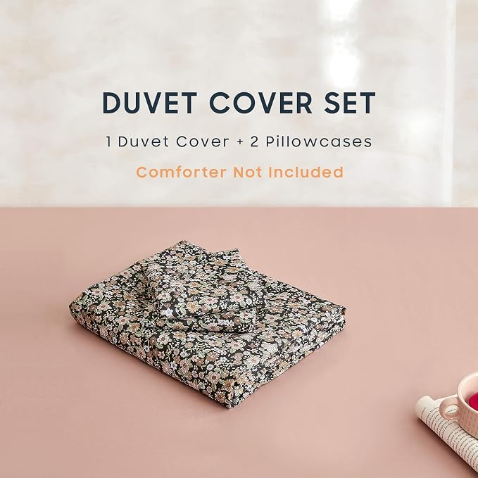 Wake In Cloud - Floral Duvet Cover Set, Cute Vintage Flower Cottagecore Aesthetic for Women Teen Girls, Soft Lightweight Bedding, 3-Piece, Black, Queen Size
