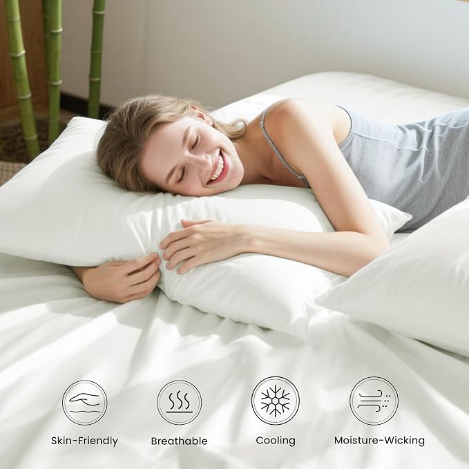 Love's cabin 6 Piece Queen Sheet Set, 100% Rayon Derived from Bamboo, Cooling & Breathable, Soft Silky Deep Pocket up to 16", Hotel Luxury Bedding for Hot Sleepers, White