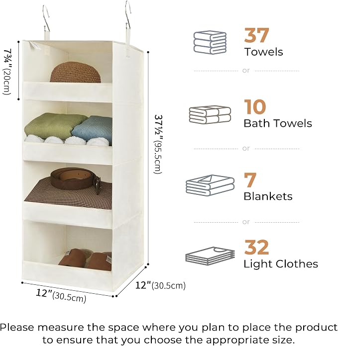 GRANNY SAYS 4-Shelf Hanging Closet Organizer, Foldable Storage, Beige | 44 lb Capacity, No-Sag Support, Keeps Clothes Neat, Folds Flat, Fits RV, Dorm & Small Closets, 2 Pack
