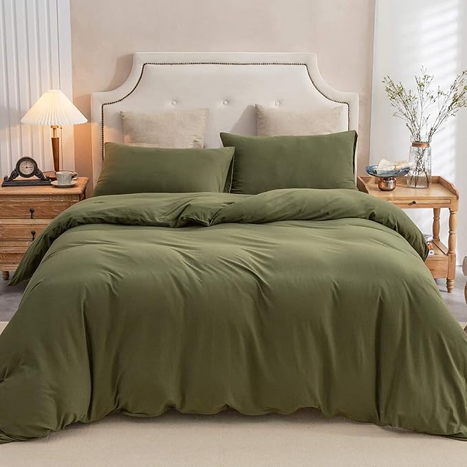 PURE ERA Jersey Knit Sheet Set Solid Olive Green Queen | 100% Cotton, 3 Piece Set, T Shirt Soft, Breathable, Envelope Closure Pillowcases, Hidden Zipper, 8 Ties, No Insert, Modern