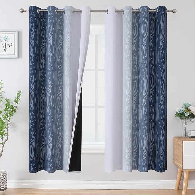 Navy Blue and Greyish White Blackout Curtains for Living Room 72 Inch Long | Estelar Textiler Ombre Room Darkening Bedroom Curtains,Thermal Insulated,Energy Saving Grommet Window Drapes,52Wx72L,2 Panels