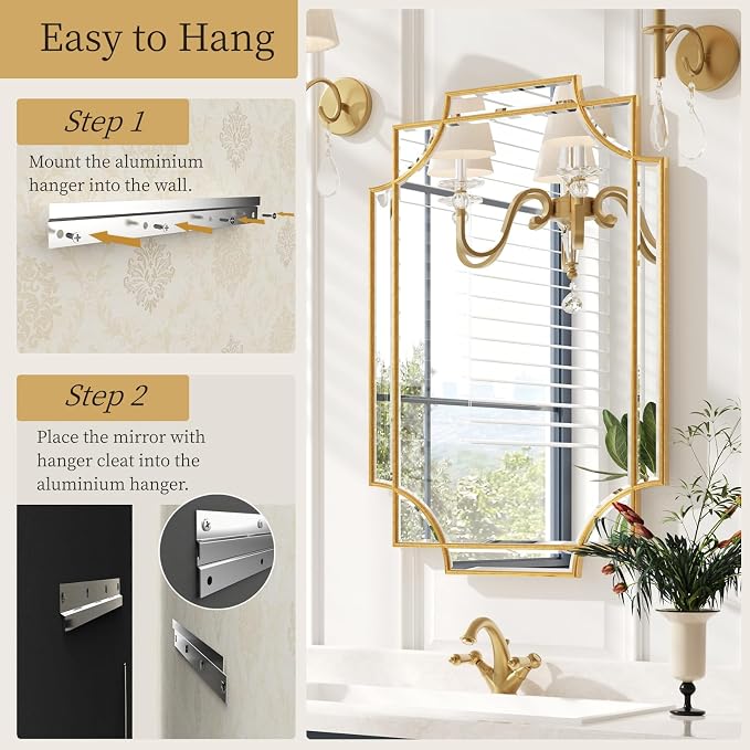 Kelly Miller 24"x36" Gold Foil Scalloped Edge Decorative Vanity Wall Mirror | Hand-Applied Gold Foil Finish. HD Mirror With French Cleat. Elegant Beveled Wall Mirror Decor For Bathroom Bedroom Entryway.
