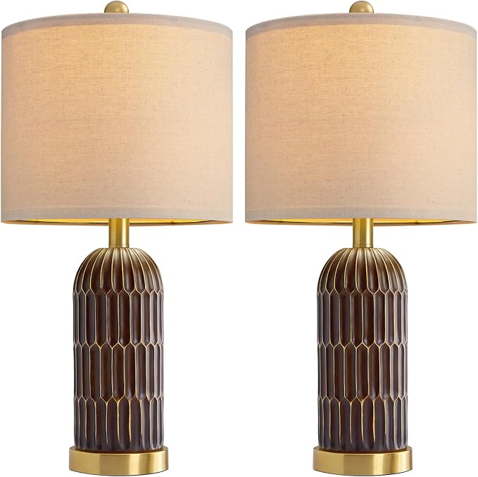 OYEARS 22.5" Bedside Table Lamps Set of 2, Farmhouse Table Lamp with USB A+C Charging Ports, Vintage Nightstand Lamp for Bedrooms and Living Rooms, Mid Century Modern End Table Lamp, Brown and Gold