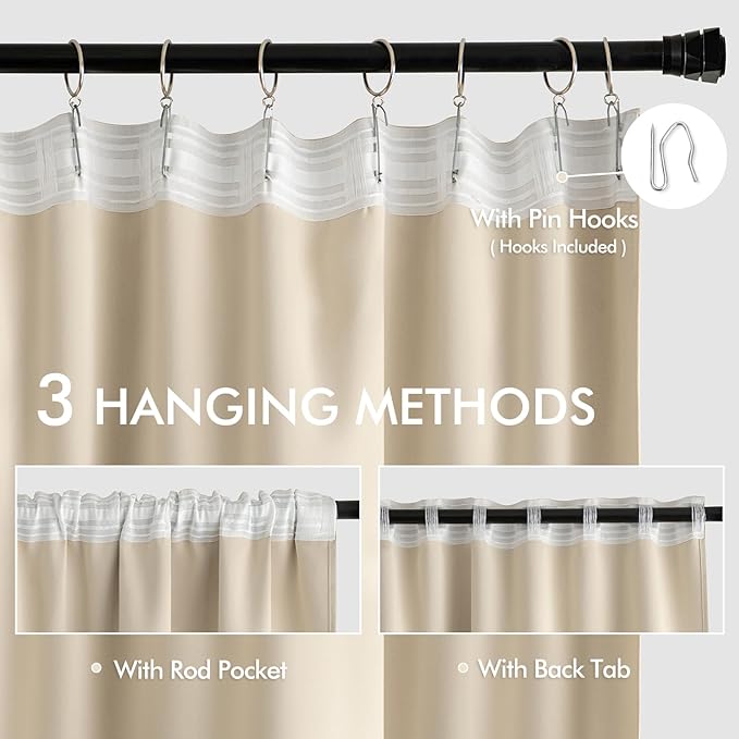 MIULEE Cream Beige Back Tab Blackout Curtains 52x94 Inch Long 2 Panels Set | Rod Pocket Pinch Pleated, Thermal Insulated, Room Darkening, Light Blocking, Privacy Curtains for Living Room Bedroom