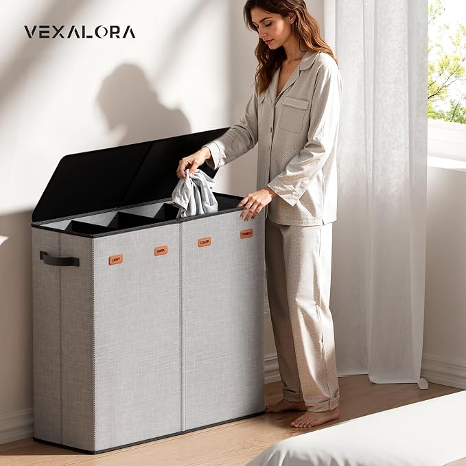 Laundry Hamper 4-Section with Lid, 185L Laundry Sorter with 4 Removable Bags + 1 Extra Large Bag, Switchable 3/4 Compartment, Laundry Basket Organizer for Bedroom, Laundry Room，Grey