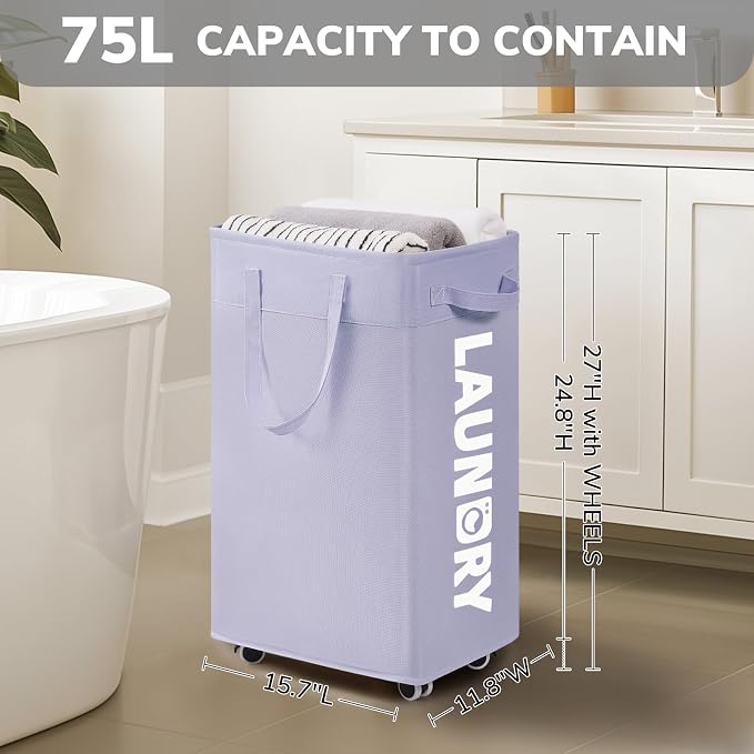 Goodpcik 75L Rolling Laundry Hamper with Wheels, Laundry Hamper for Dorm | Laundry Basket with Handles for Dirty Clothes, Hamper for Laundry Room, Dorm Room Essentials, Light Purple