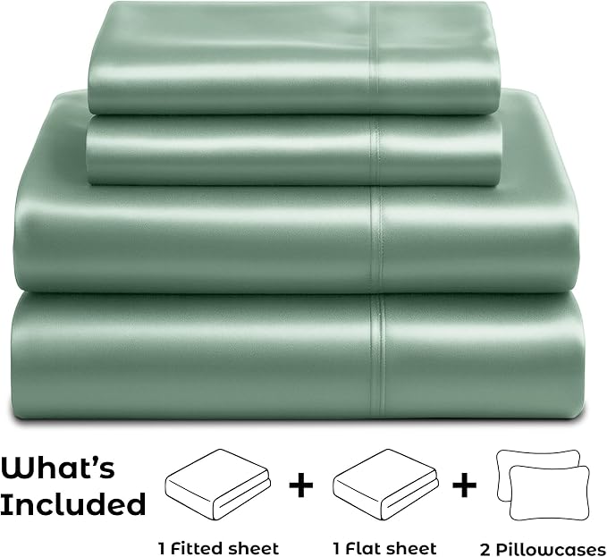 Satin Sheets Full [4-Piece, Champagne Green] Hotel Luxury Silky Bed Sheets - Extra Soft 1800 Microfiber Sheet Set, Wrinkle, Fade, Stain Resistant - Deep Pocket Fitted Sheet, Flat Sheet, Pillow Cases