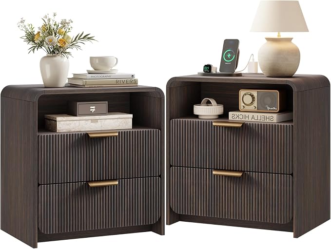 24" 2 Drawers Fluted Nightstand Set of 2, Black Walnut | 2 Drawer Bedside Table with Open Shelf, Metal Handles & Charging Station, Curved Profile End Table for Bedroom
