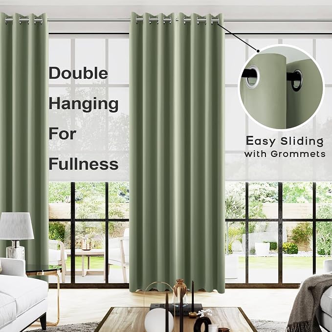 KOUFALL Dark Sage Green Curtains 108 Inches Long,Boho Room Darkening Thermal Blackout Drapes for Bedroom,2 Panel Set