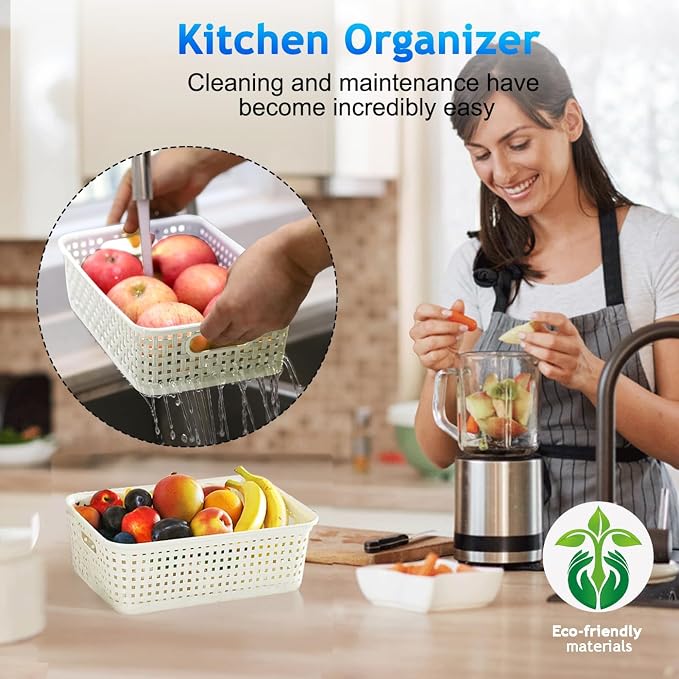 FUCDTEFC White Plastic Basket, 8 Pack Home Organization and Storage Baskets with Handles, Space Saving Woven Organizer Bins Plastic Storage Basket for Organizing Cabinets,Closets, Shelves, Countertops | Space Saving, Woven Organizer, Plastic Bins, Stor...