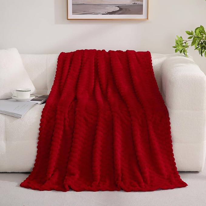 Puncuntex Red Throw Blanket 60"×80" inches Fuzzy 3D Jacquard Decorative | Flannel Fleece Super Soft Plush Cozy Blanket for Couch Sofa Chair Lightweight