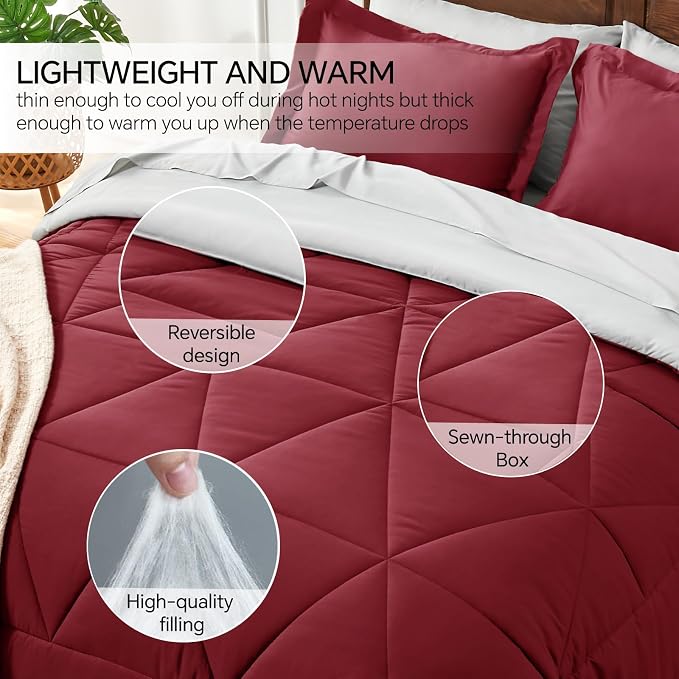 BEDELITE King Comforter Set 7 Pieces, Reversible Dark Red Bed in A Bag | Soft All Season Down-Alternative Comforter, Sheets, Pillowcases & Shams, OEKO-TEX Certified Bedding for Bedrrom, Guest Room