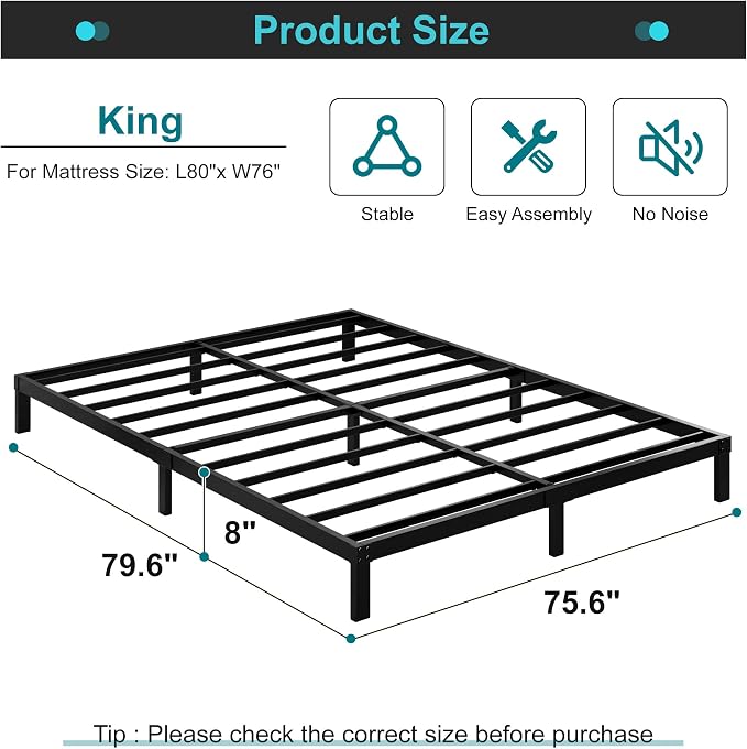 Maenizi King Size Bed Frame, 8 Inch King Platform Bed Frame | No Box Spring Needed, Heavy Duty Support Up to 3000 lbs, Easy Assembly, Noise Free, Black