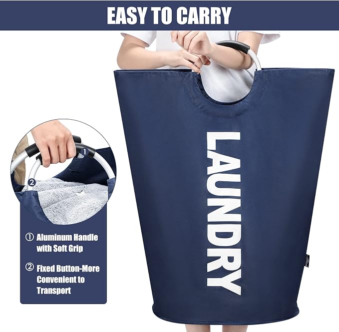 DOKEHOM 125L X-Large Laundry Basket Bag, Collapsible Tall Hamper, Dark Blue | Freestanding tall washing bin & foldable laundry bag. Extra large clothes storage basket with durable sturdy handles