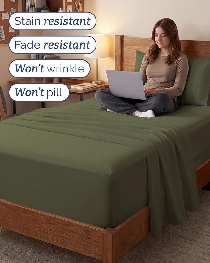 Extra Deep Twin XL Sheet Set - 3 Piece College Dorm Room - Sage Green | Soft, Breathable & Cooling, Easily Fits 18 to 24 inch Mattress, Wrinkle Free & Fade Resistant with Extra Deep Pockets