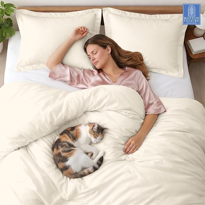 3 Pc Twin XL/Twin Duvet Cover Set-100% Egyptian Cotton 600 Thread Count Ultra Soft Premium Durable Comforter Cover Zipper Closure & Corner Ties- (Ivory, 68" X 90")